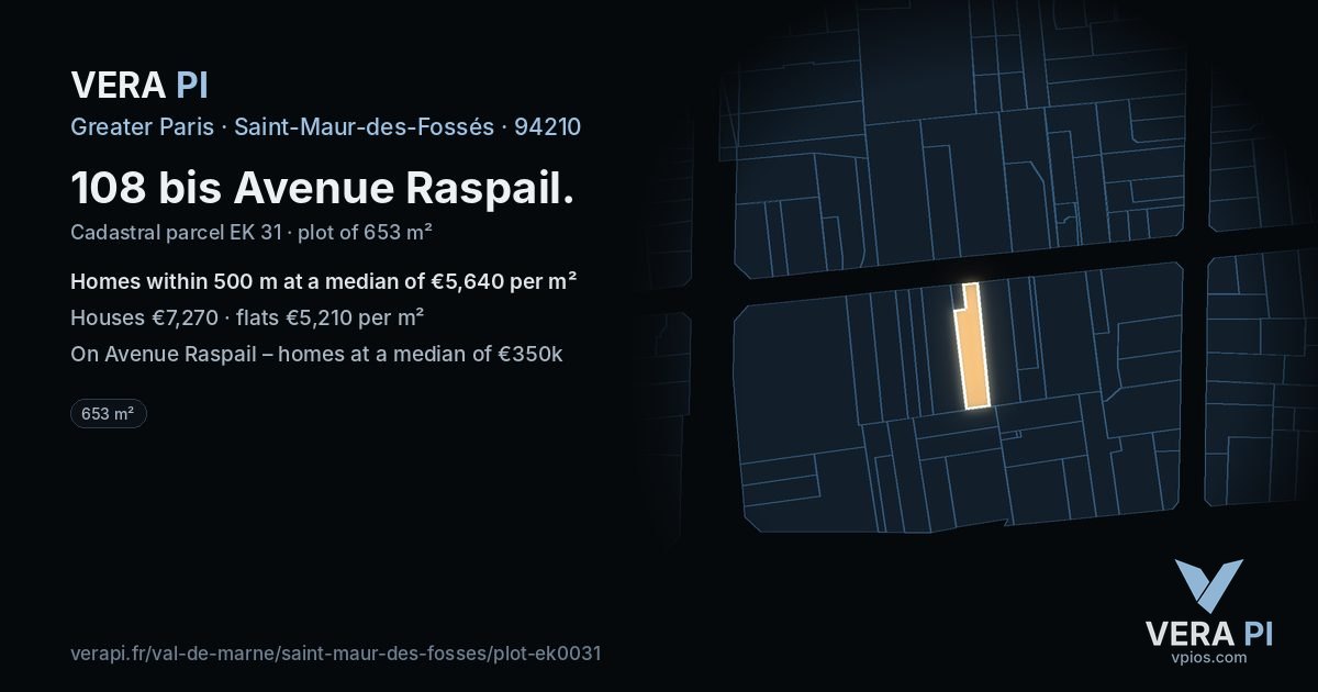 108 bis Avenue Raspail, Saint-Maur-des-Fossés at night – the plot lit, the parcels around coloured by the prices near them