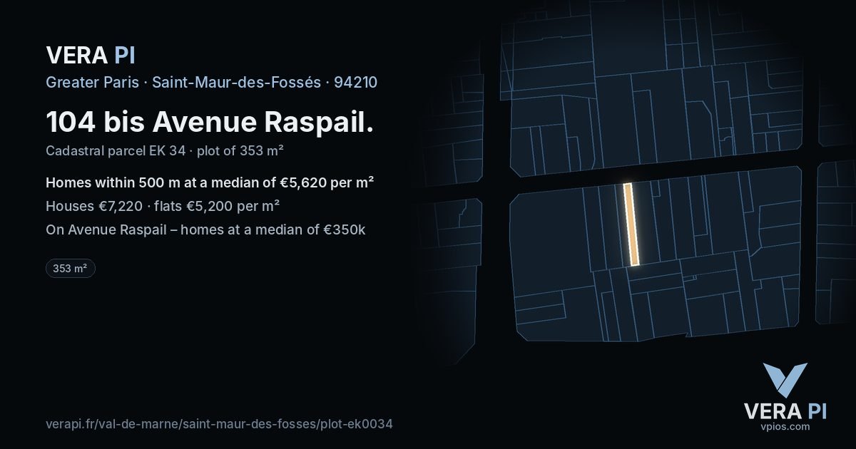 104 bis Avenue Raspail, Saint-Maur-des-Fossés at night – the plot lit, the parcels around coloured by the prices near them