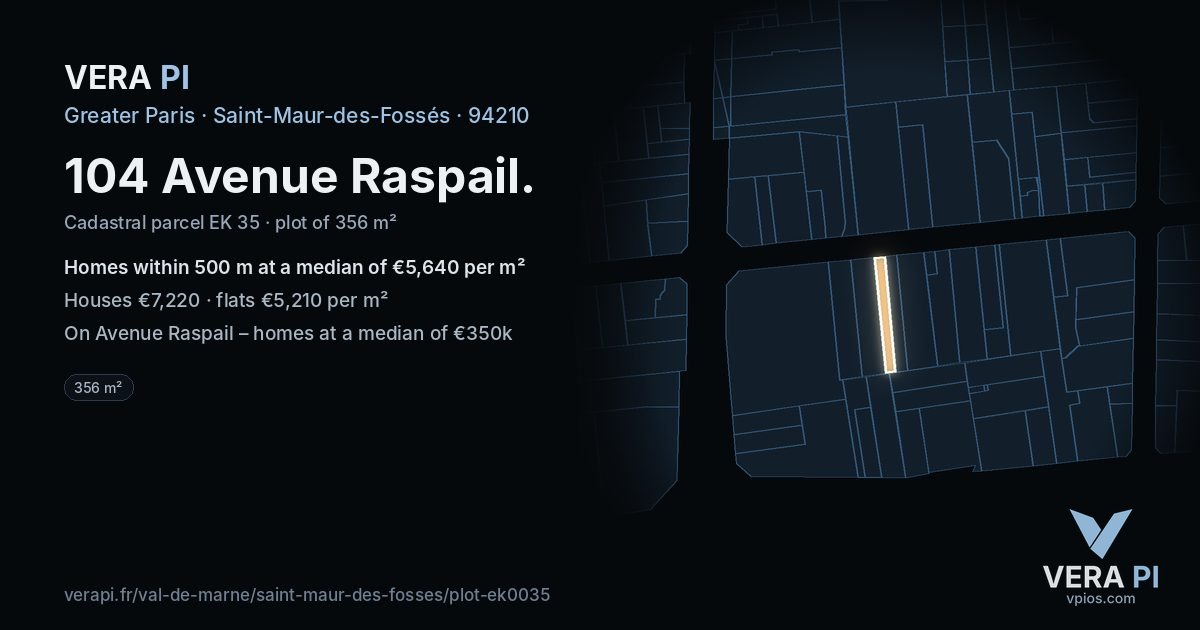 104 Avenue Raspail, Saint-Maur-des-Fossés at night – the plot lit, the parcels around coloured by the prices near them