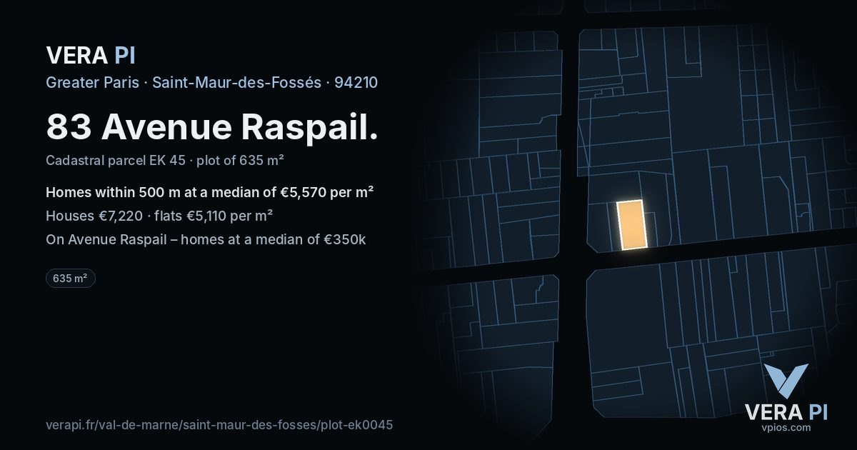 83 Avenue Raspail, Saint-Maur-des-Fossés at night – the plot lit, the parcels around coloured by the prices near them
