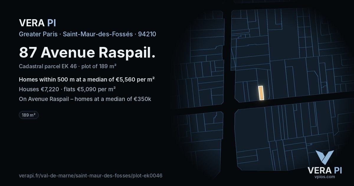 87 Avenue Raspail, Saint-Maur-des-Fossés at night – the plot lit, the parcels around coloured by the prices near them