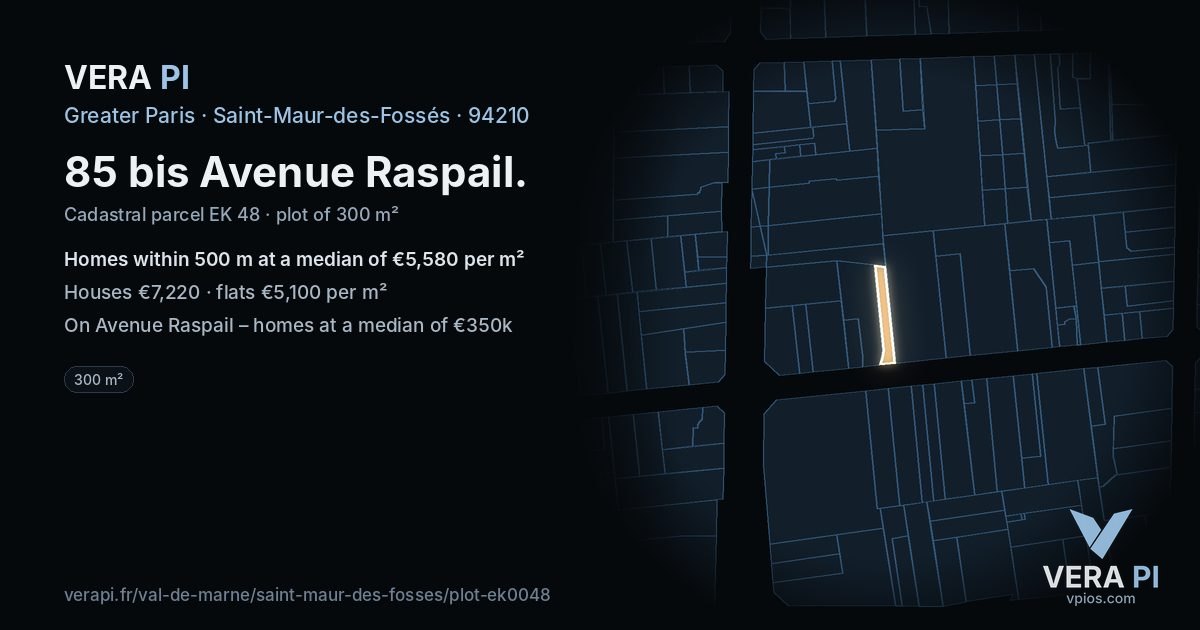 85 bis Avenue Raspail, Saint-Maur-des-Fossés at night – the plot lit, the parcels around coloured by the prices near them