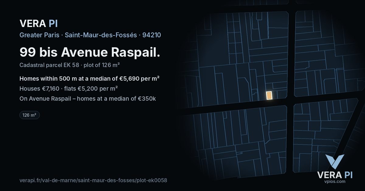 99 bis Avenue Raspail, Saint-Maur-des-Fossés at night – the plot lit, the parcels around coloured by the prices near them