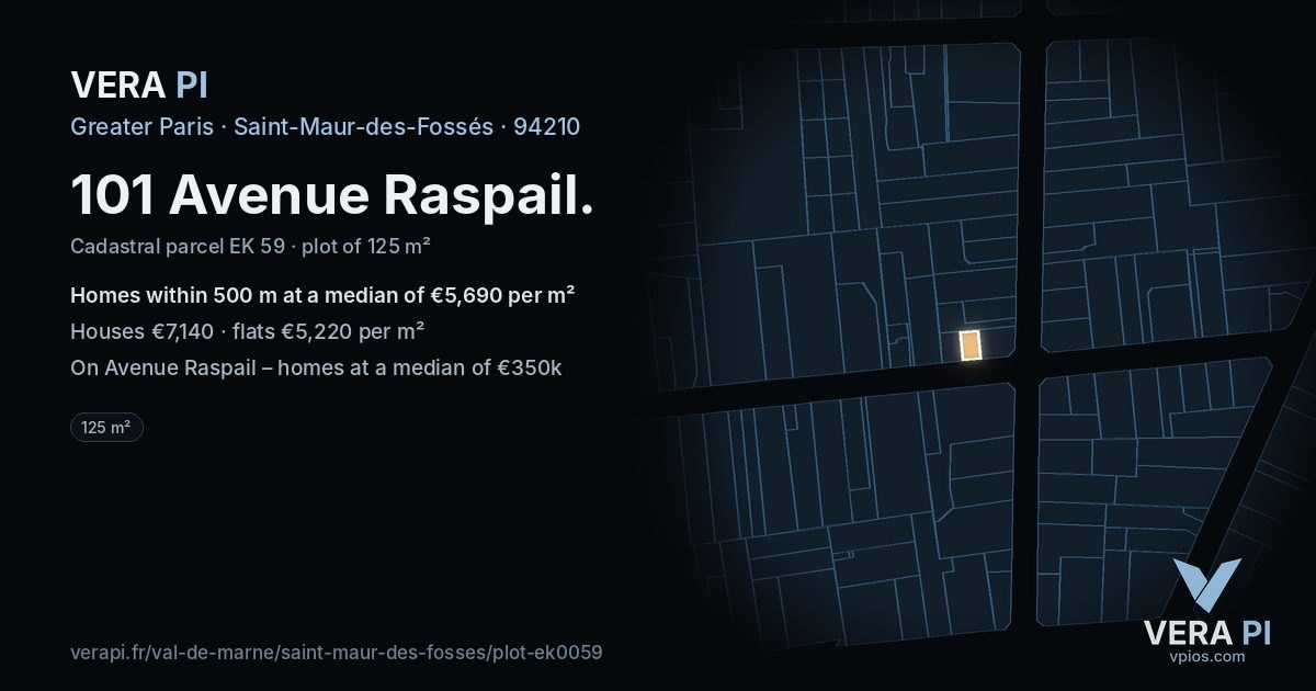 101 Avenue Raspail, Saint-Maur-des-Fossés at night – the plot lit, the parcels around coloured by the prices near them