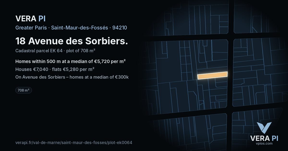 18 Avenue des Sorbiers, Saint-Maur-des-Fossés at night – the plot lit, the parcels around coloured by the prices near them