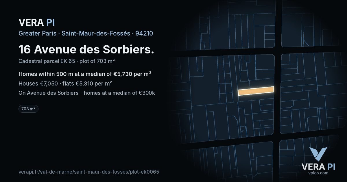 16 Avenue des Sorbiers, Saint-Maur-des-Fossés at night – the plot lit, the parcels around coloured by the prices near them