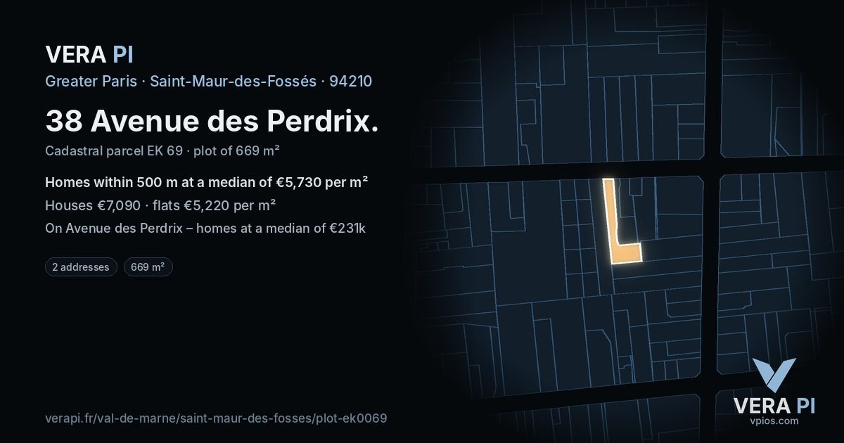 38 Avenue des Perdrix, Saint-Maur-des-Fossés at night – the plot lit, the parcels around coloured by the prices near them