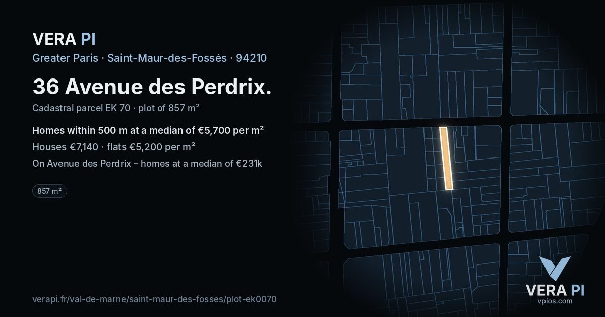 36 Avenue des Perdrix, Saint-Maur-des-Fossés at night – the plot lit, the parcels around coloured by the prices near them