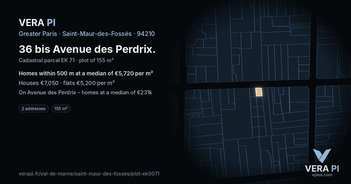 36 bis Avenue des Perdrix, Saint-Maur-des-Fossés at night – the plot lit, the parcels around coloured by the prices near them