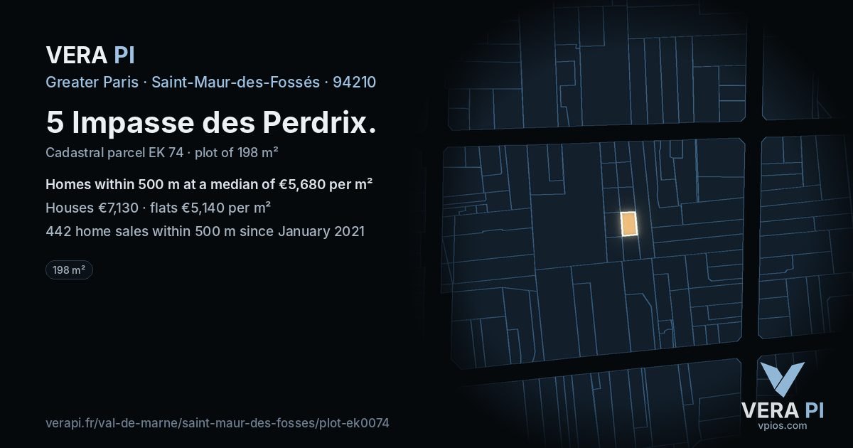 5 Impasse des Perdrix, Saint-Maur-des-Fossés at night – the plot lit, the parcels around coloured by the prices near them