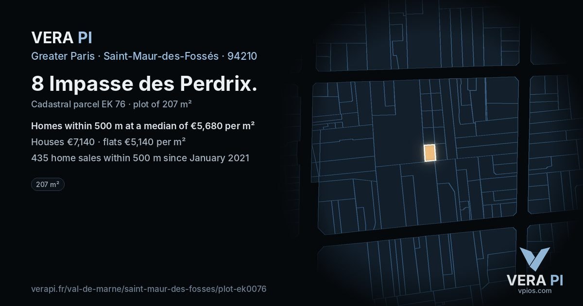 8 Impasse des Perdrix, Saint-Maur-des-Fossés at night – the plot lit, the parcels around coloured by the prices near them