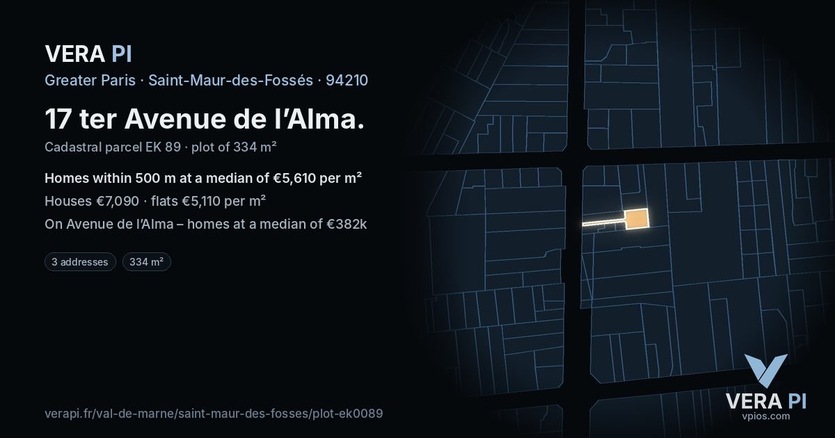 17 ter Avenue de l’Alma, Saint-Maur-des-Fossés at night – the plot lit, the parcels around coloured by the prices near them