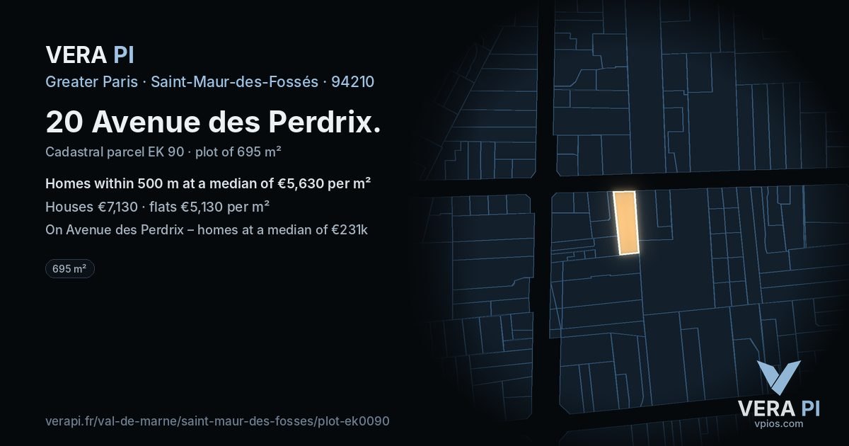 20 Avenue des Perdrix, Saint-Maur-des-Fossés at night – the plot lit, the parcels around coloured by the prices near them