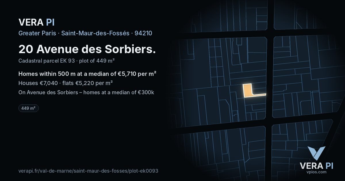 20 Avenue des Sorbiers, Saint-Maur-des-Fossés at night – the plot lit, the parcels around coloured by the prices near them