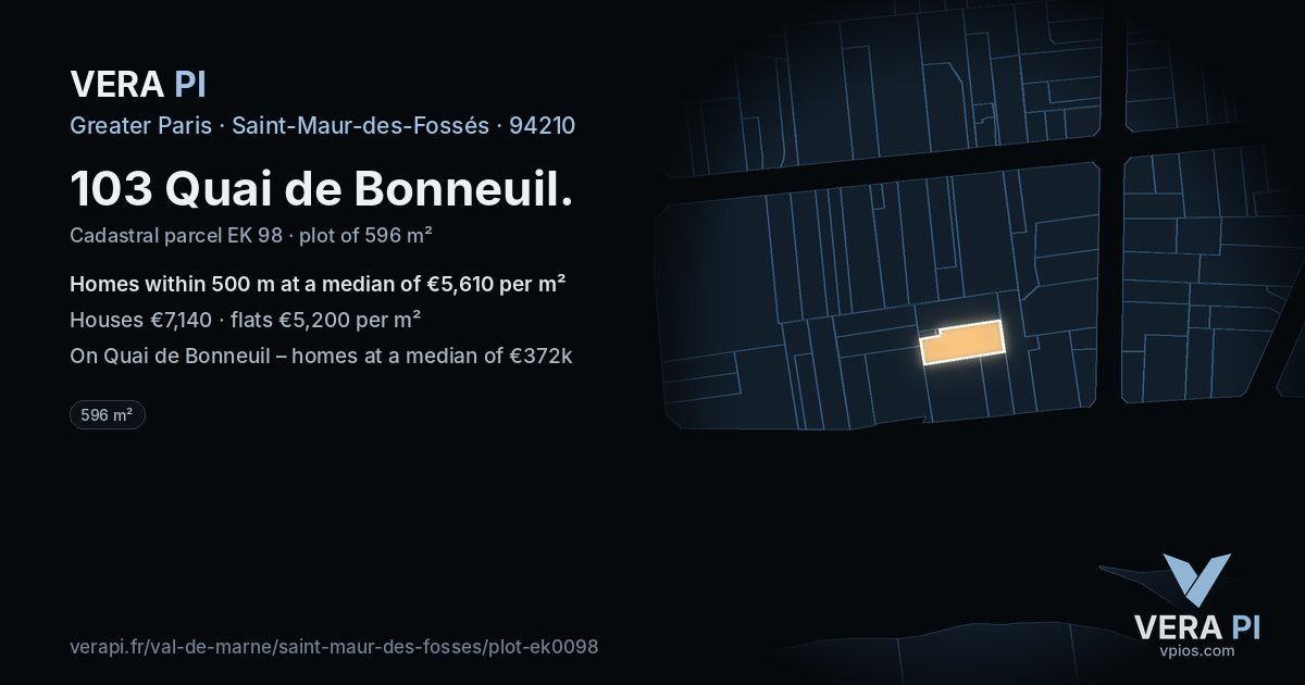 103 Quai de Bonneuil, Saint-Maur-des-Fossés at night – the plot lit, the parcels around coloured by the prices near them