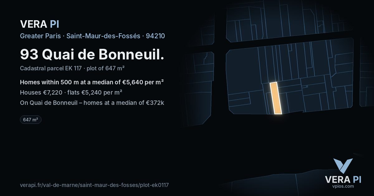 93 Quai de Bonneuil, Saint-Maur-des-Fossés at night – the plot lit, the parcels around coloured by the prices near them