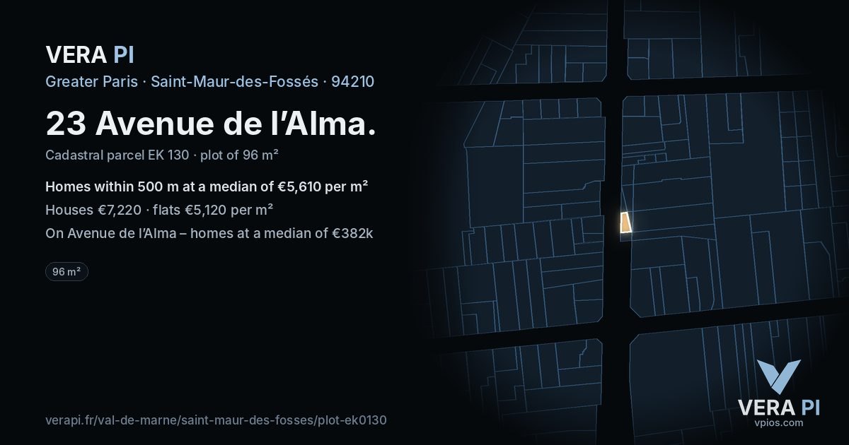 23 Avenue de l’Alma, Saint-Maur-des-Fossés at night – the plot lit, the parcels around coloured by the prices near them