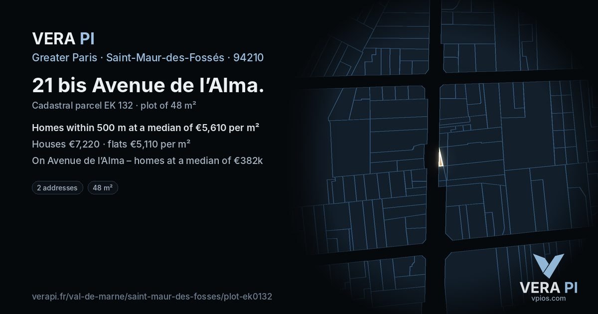 21 bis Avenue de l’Alma, Saint-Maur-des-Fossés at night – the plot lit, the parcels around coloured by the prices near them