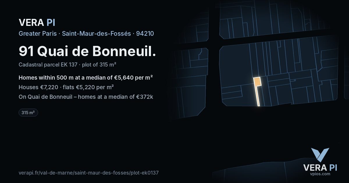 91 Quai de Bonneuil, Saint-Maur-des-Fossés at night – the plot lit, the parcels around coloured by the prices near them