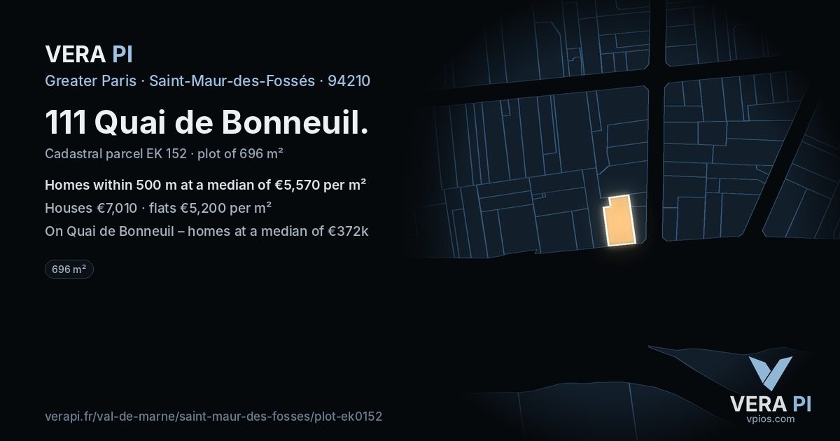 111 Quai de Bonneuil, Saint-Maur-des-Fossés at night – the plot lit, the parcels around coloured by the prices near them