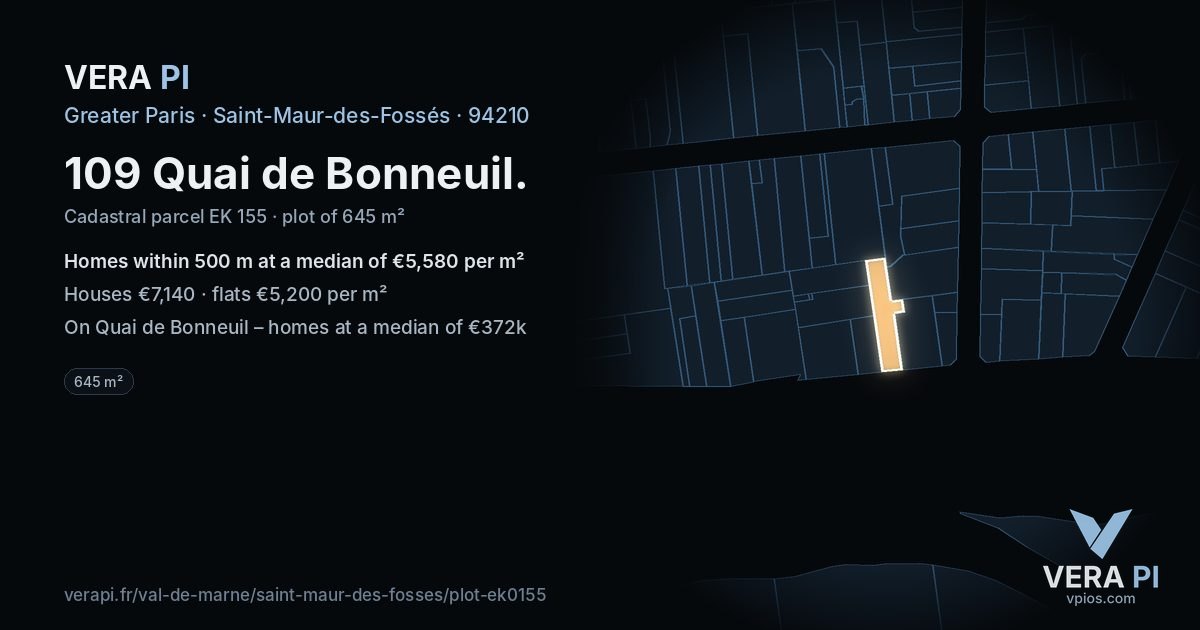109 Quai de Bonneuil, Saint-Maur-des-Fossés at night – the plot lit, the parcels around coloured by the prices near them