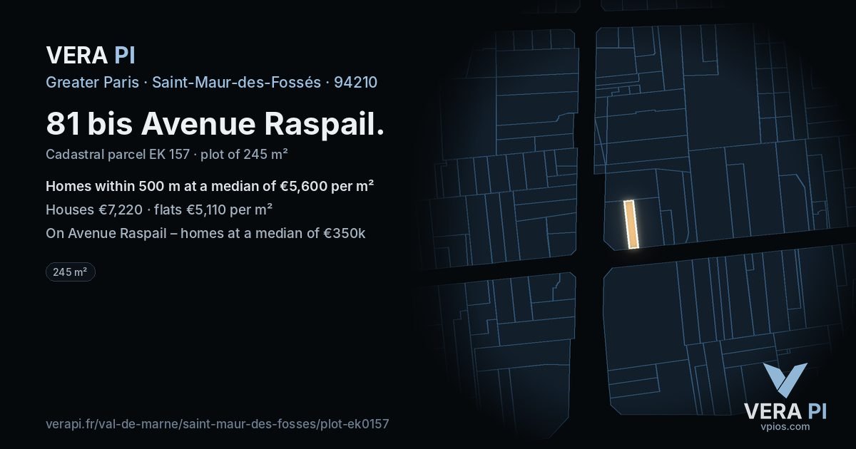 81 bis Avenue Raspail, Saint-Maur-des-Fossés at night – the plot lit, the parcels around coloured by the prices near them