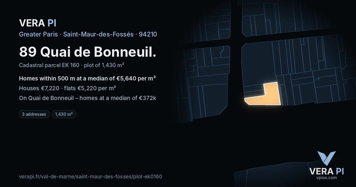 89 Quai de Bonneuil, Saint-Maur-des-Fossés at night – the plot lit, the parcels around coloured by the prices near them