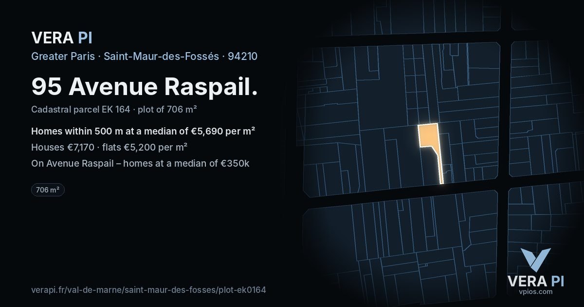 95 Avenue Raspail, Saint-Maur-des-Fossés at night – the plot lit, the parcels around coloured by the prices near them