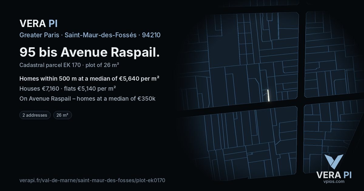 95 bis Avenue Raspail, Saint-Maur-des-Fossés at night – the plot lit, the parcels around coloured by the prices near them