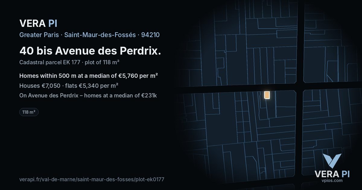 40 bis Avenue des Perdrix, Saint-Maur-des-Fossés at night – the plot lit, the parcels around coloured by the prices near them