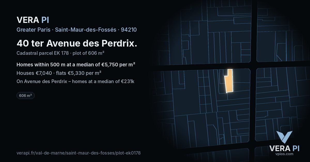 40 ter Avenue des Perdrix, Saint-Maur-des-Fossés at night – the plot lit, the parcels around coloured by the prices near them