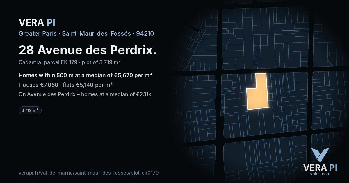 28 Avenue des Perdrix, Saint-Maur-des-Fossés at night – the plot lit, the parcels around coloured by the prices near them
