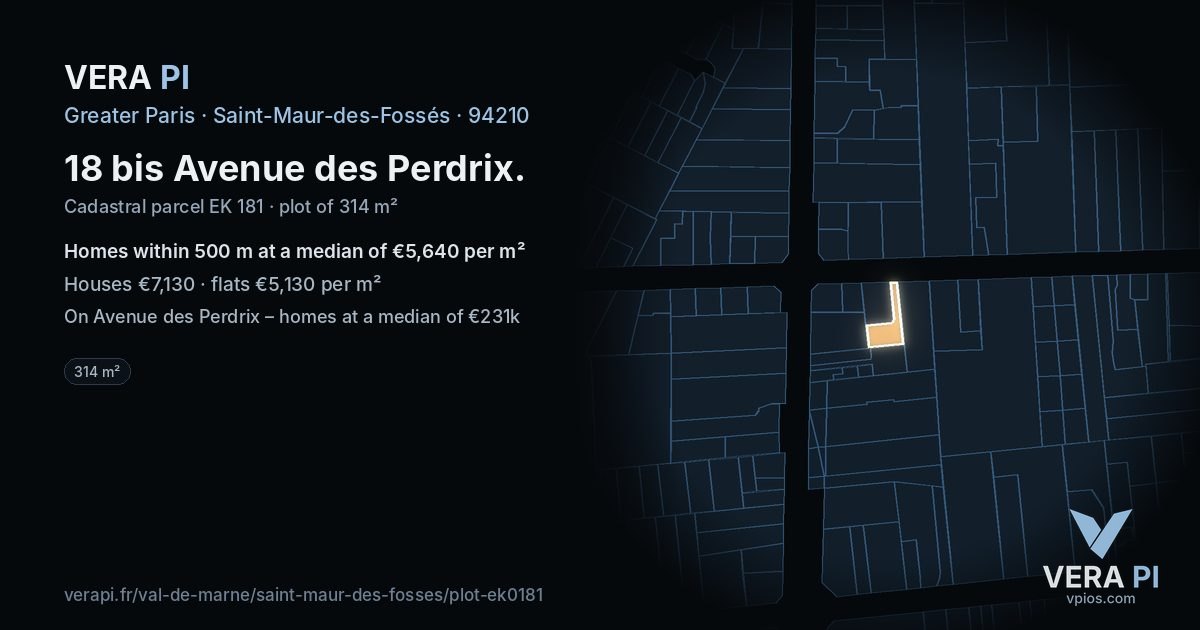 18 bis Avenue des Perdrix, Saint-Maur-des-Fossés at night – the plot lit, the parcels around coloured by the prices near them
