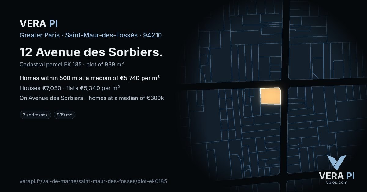 12 Avenue des Sorbiers, Saint-Maur-des-Fossés at night – the plot lit, the parcels around coloured by the prices near them