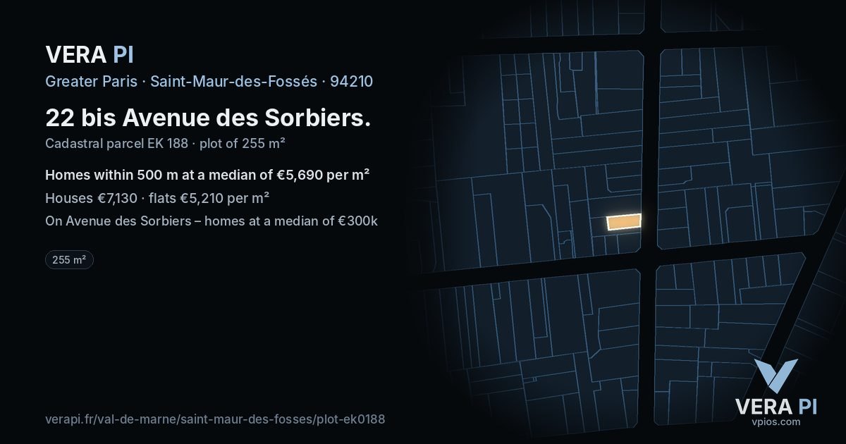 22 bis Avenue des Sorbiers, Saint-Maur-des-Fossés at night – the plot lit, the parcels around coloured by the prices near them