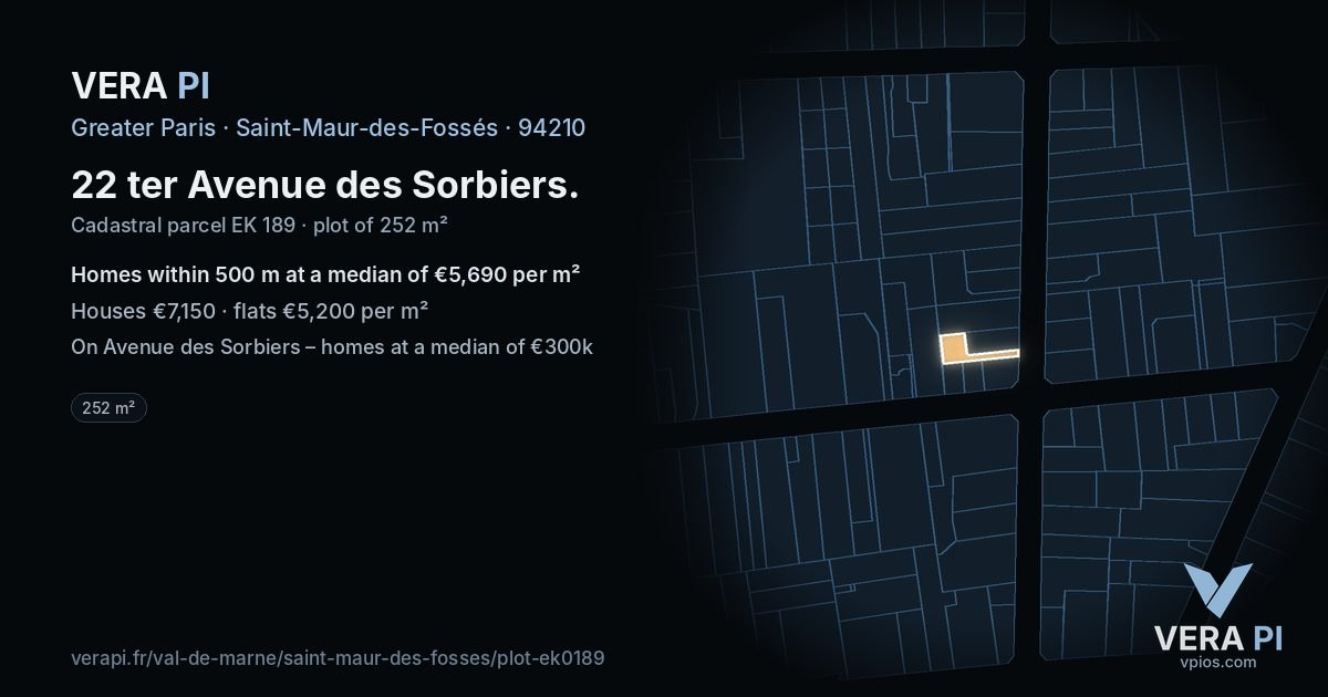 22 ter Avenue des Sorbiers, Saint-Maur-des-Fossés at night – the plot lit, the parcels around coloured by the prices near them