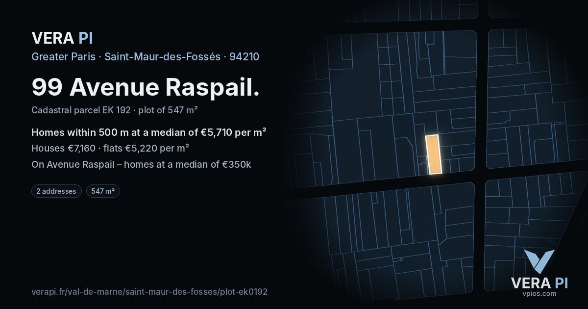 99 Avenue Raspail, Saint-Maur-des-Fossés at night – the plot lit, the parcels around coloured by the prices near them
