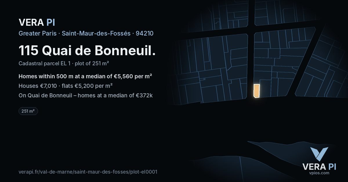 115 Quai de Bonneuil, Saint-Maur-des-Fossés at night – the plot lit, the parcels around coloured by the prices near them