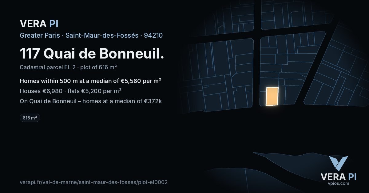 117 Quai de Bonneuil, Saint-Maur-des-Fossés at night – the plot lit, the parcels around coloured by the prices near them
