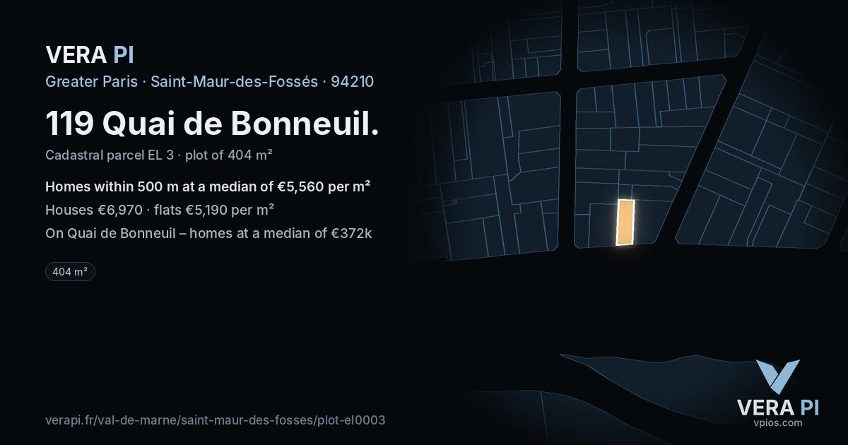 119 Quai de Bonneuil, Saint-Maur-des-Fossés at night – the plot lit, the parcels around coloured by the prices near them