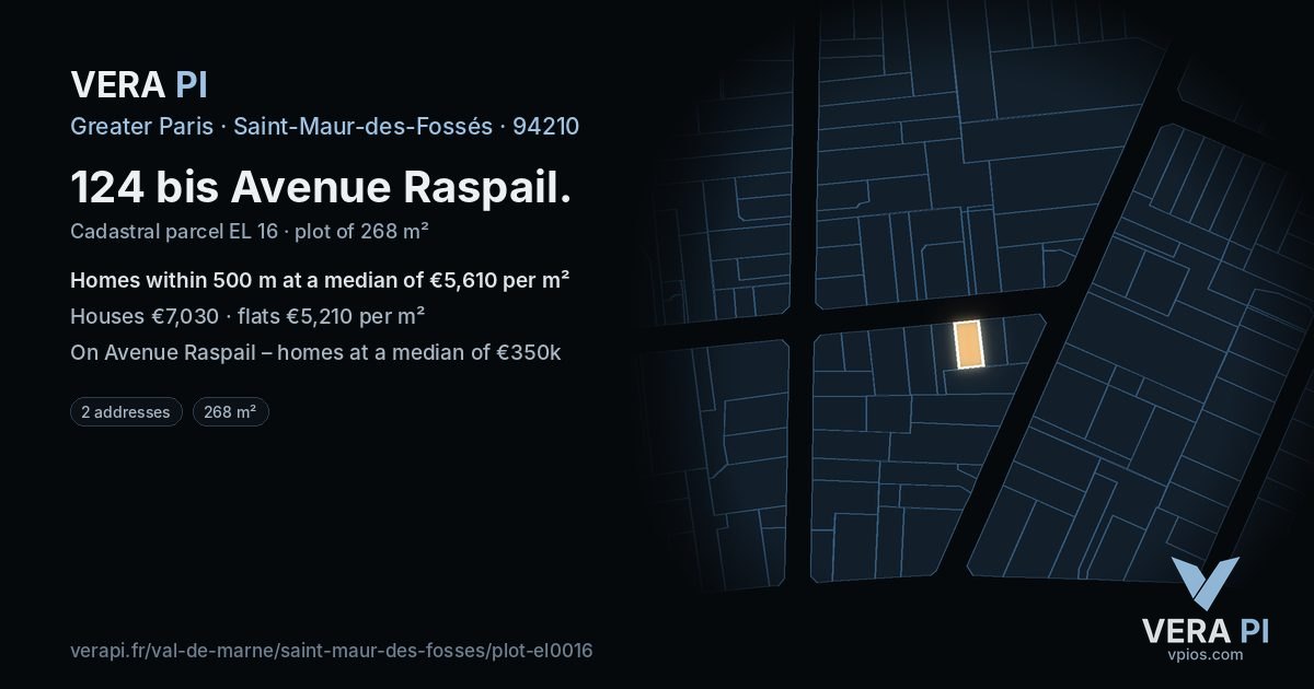 124 bis Avenue Raspail, Saint-Maur-des-Fossés at night – the plot lit, the parcels around coloured by the prices near them