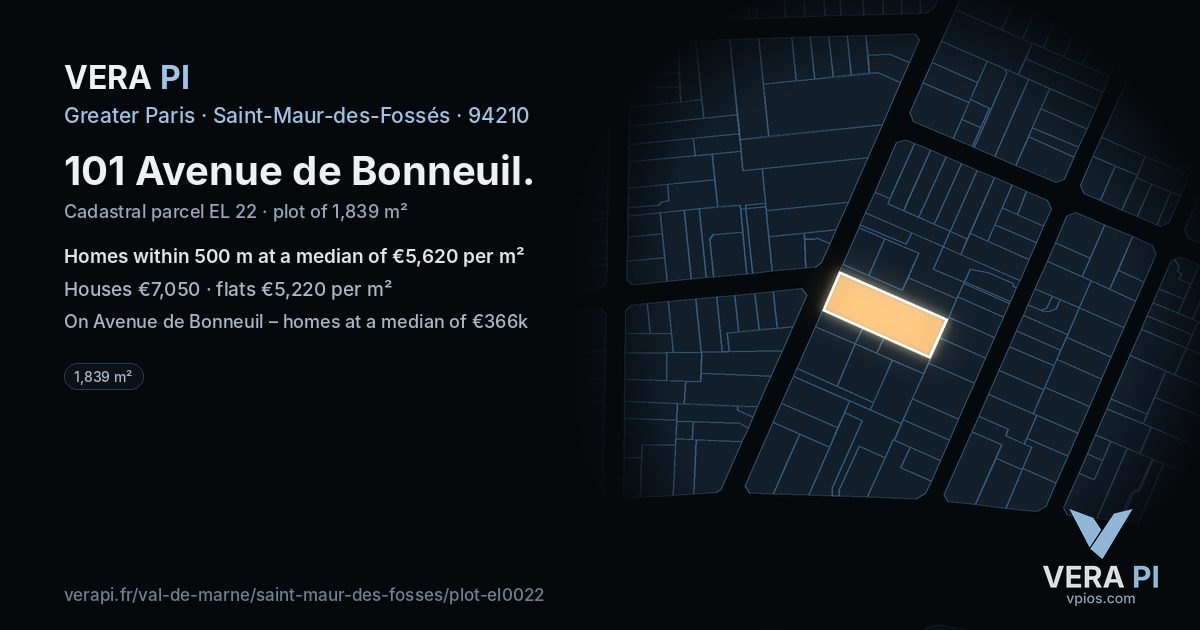 101 Avenue de Bonneuil, Saint-Maur-des-Fossés at night – the plot lit, the parcels around coloured by the prices near them