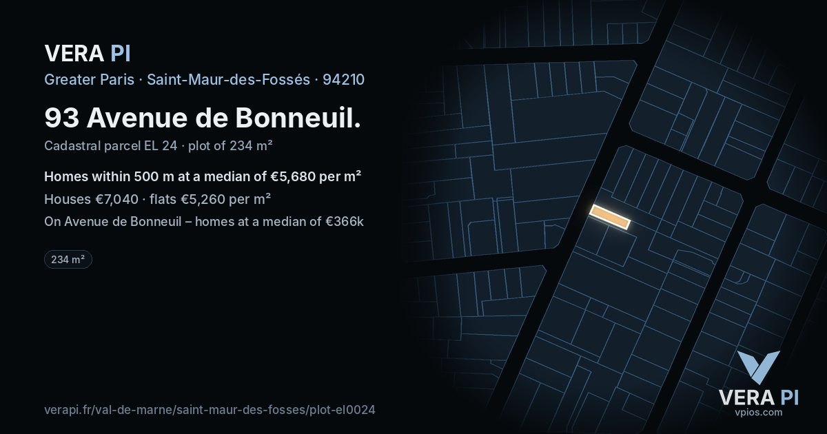 93 Avenue de Bonneuil, Saint-Maur-des-Fossés at night – the plot lit, the parcels around coloured by the prices near them