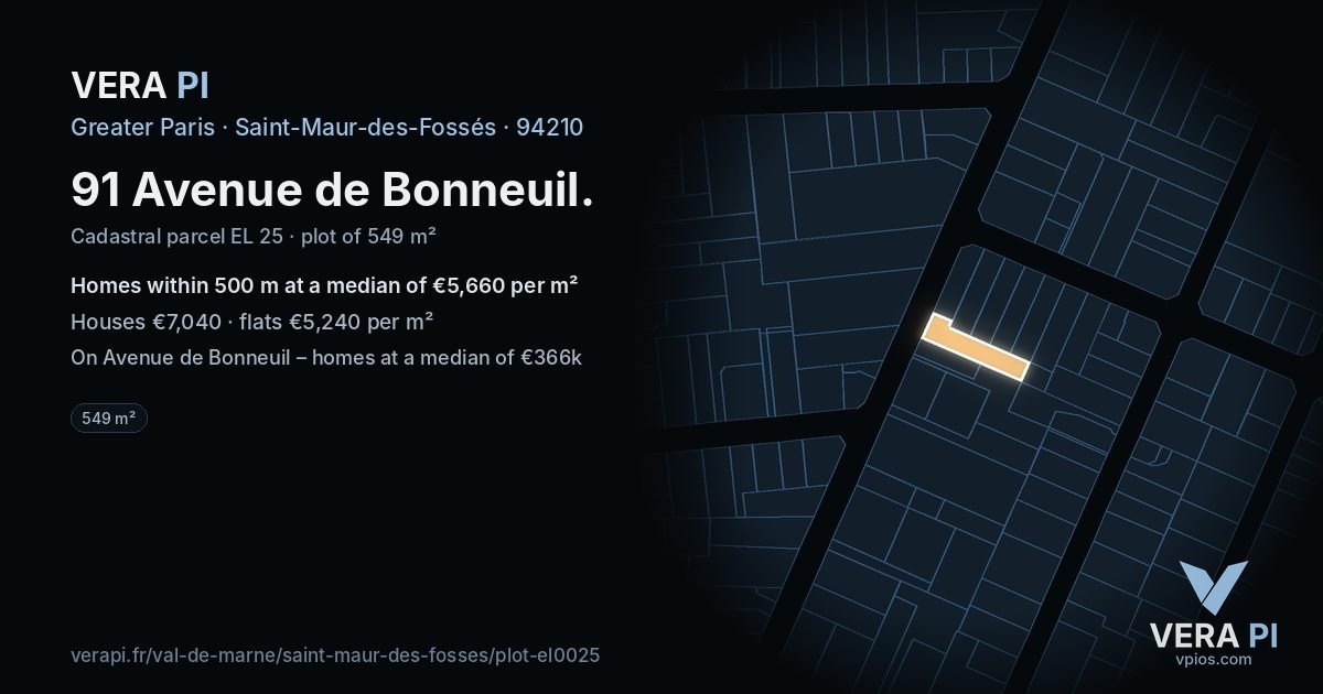 91 Avenue de Bonneuil, Saint-Maur-des-Fossés at night – the plot lit, the parcels around coloured by the prices near them