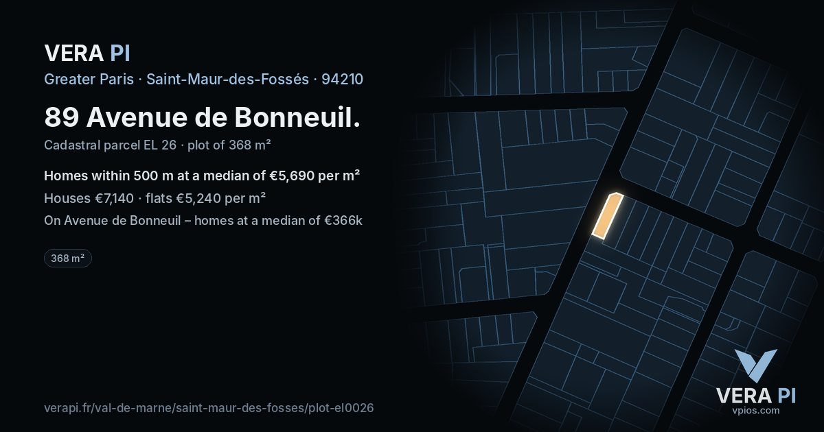 89 Avenue de Bonneuil, Saint-Maur-des-Fossés at night – the plot lit, the parcels around coloured by the prices near them