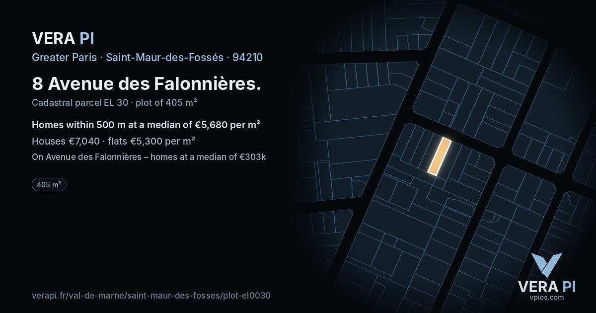8 Avenue des Falonnières, Saint-Maur-des-Fossés at night – the plot lit, the parcels around coloured by the prices near them