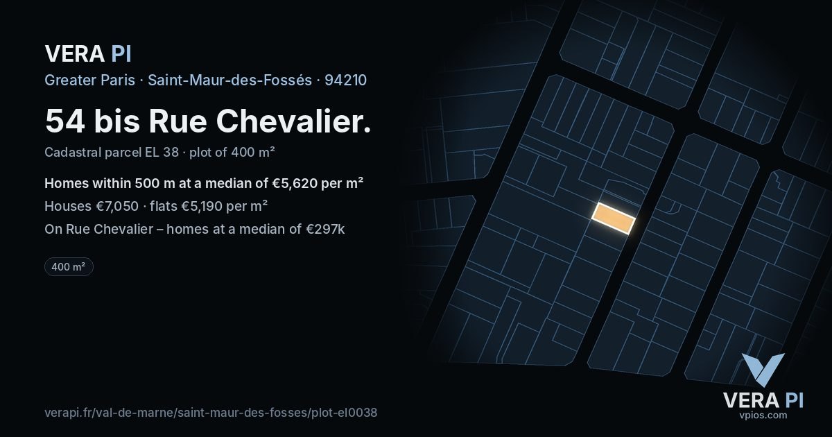 54 bis Rue Chevalier, Saint-Maur-des-Fossés at night – the plot lit, the parcels around coloured by the prices near them