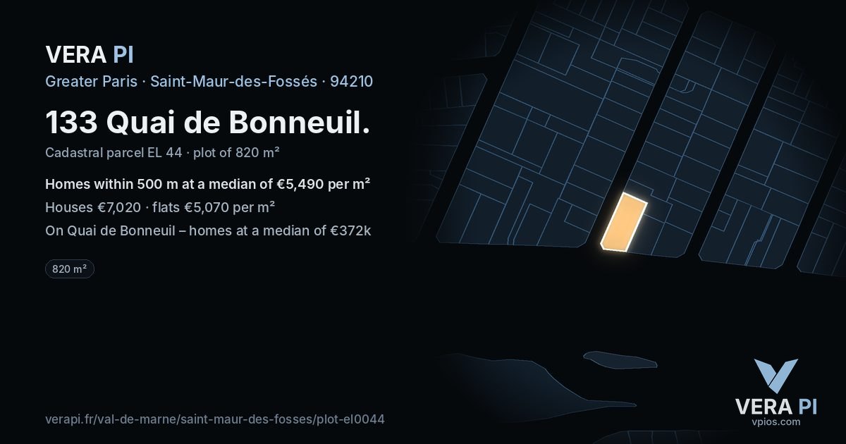 133 Quai de Bonneuil, Saint-Maur-des-Fossés at night – the plot lit, the parcels around coloured by the prices near them