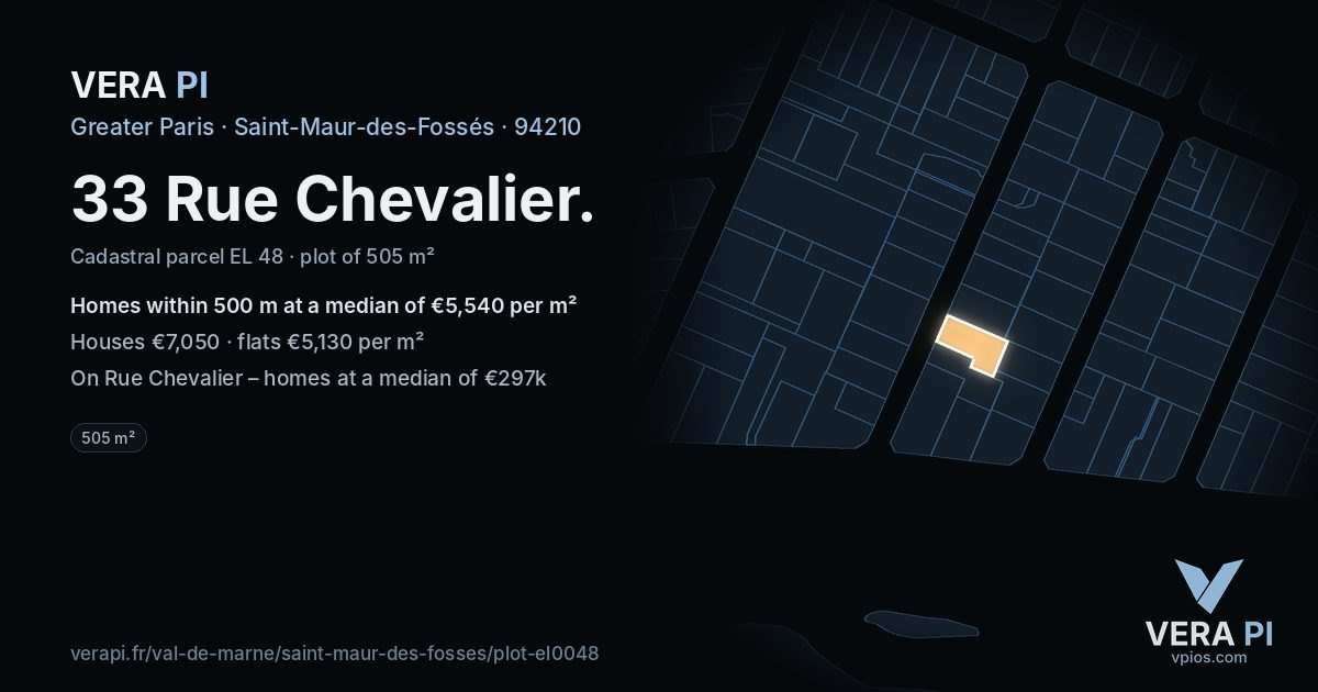 33 Rue Chevalier, Saint-Maur-des-Fossés at night – the plot lit, the parcels around coloured by the prices near them