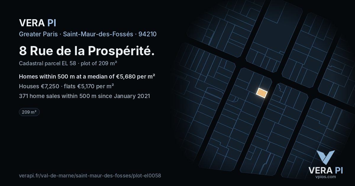 8 Rue de la Prospérité, Saint-Maur-des-Fossés at night – the plot lit, the parcels around coloured by the prices near them